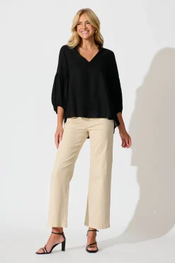 Online Jasper Top In Black Linen Blend Tops|Casual