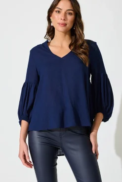 New Jasper Top In Navy Linen Blend Tops|Casual