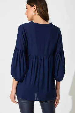 New Jasper Top In Navy Linen Blend Tops|Casual