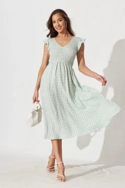 New Jeannie Midi Dress In Green With White Gingham Dresses|Casual