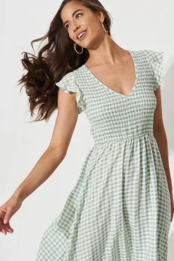 New Jeannie Midi Dress In Green With White Gingham Dresses|Casual