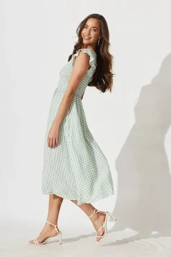 New Jeannie Midi Dress In Green With White Gingham Dresses|Casual