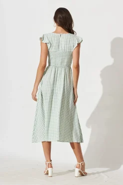 New Jeannie Midi Dress In Green With White Gingham Dresses|Casual
