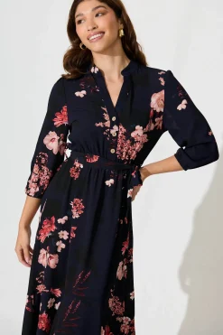 Sale Jemimah Midi Dress In Navy With Pink And Blush Floral Dresses|Party