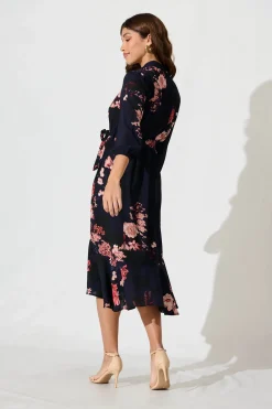 Sale Jemimah Midi Dress In Navy With Pink And Blush Floral Dresses|Party