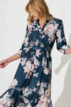 Clearance Jemimah Midi Dress In Teal With Blush Floral Print Dresses|Party
