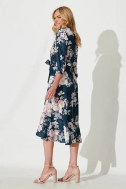 Clearance Jemimah Midi Dress In Teal With Blush Floral Print Dresses|Party