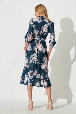 Clearance Jemimah Midi Dress In Teal With Blush Floral Print Dresses|Party
