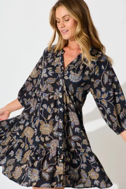 Best Jena Smock Dress in Black with Multi Floral Print Dresses|Casual