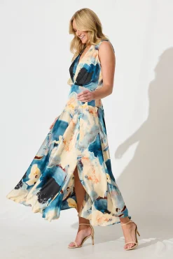 Outlet Jenibelle Maxi Dress in Blue And Cream Watercolour Satin Dresses|Cocktail