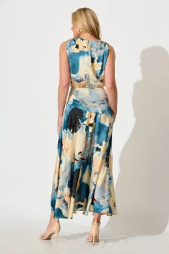 Outlet Jenibelle Maxi Dress in Blue And Cream Watercolour Satin Dresses|Cocktail