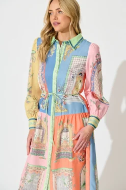 Best Jensen Midi Shirt Dress in Multi Patchwork Print Linen Blend Dresses|Casual