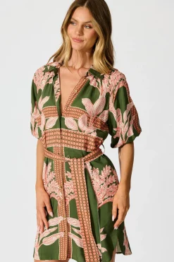 Hot Jordana Shirt Dress in Khaki Placement Print Dresses|Casual