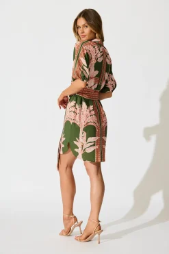 Hot Jordana Shirt Dress in Khaki Placement Print Dresses|Casual