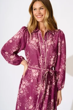 Clearance Josephina Midi Shirt Dress in Purple with Pink Floral Dresses|Casual