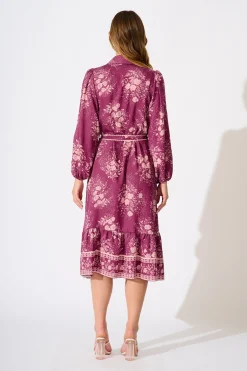 Clearance Josephina Midi Shirt Dress in Purple with Pink Floral Dresses|Casual