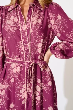 Clearance Josephina Midi Shirt Dress in Purple with Pink Floral Dresses|Casual