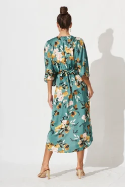 Discount Joyful Midi Dress In Green With Blush Floral Satin Bridesmaids