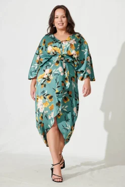 Discount Joyful Midi Dress In Green With Blush Floral Satin Bridesmaids