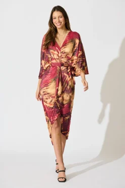 Fashion Joyful Midi Dress in Multi Watercolour Satin Dresses|Party
