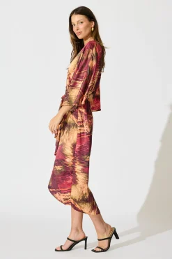 Fashion Joyful Midi Dress in Multi Watercolour Satin Dresses|Party