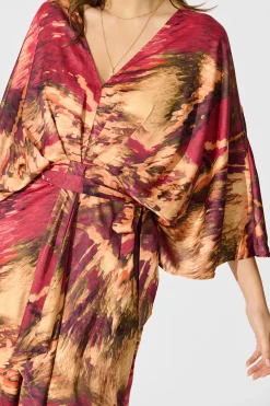 Fashion Joyful Midi Dress in Multi Watercolour Satin Dresses|Party