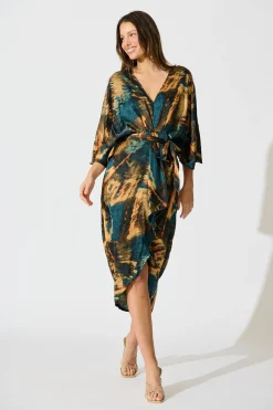 Sale Joyful Midi Dress in Teal Multi Watercolour Satin Dresses|Party