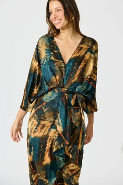 Sale Joyful Midi Dress in Teal Multi Watercolour Satin Dresses|Party