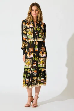 New Juliana Midi Shirt Dress in Black with Multi Palm Tree Print Dresses|Casual