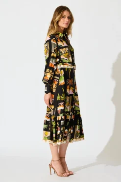 New Juliana Midi Shirt Dress in Black with Multi Palm Tree Print Dresses|Casual