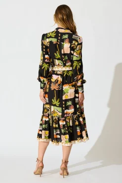 New Juliana Midi Shirt Dress in Black with Multi Palm Tree Print Dresses|Casual