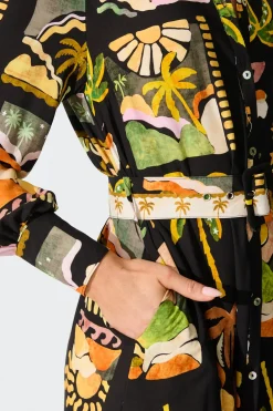 New Juliana Midi Shirt Dress in Black with Multi Palm Tree Print Dresses|Casual