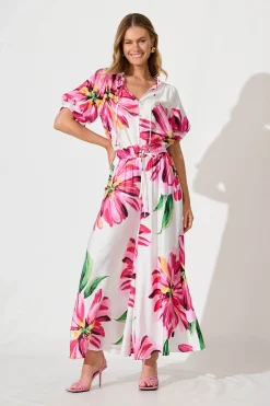 Fashion Jupiter Shirt In White With Pink Floral Tops|Casual