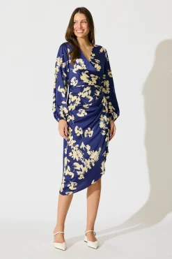 Sale Kalisha Midi Dress in Blue with White Floral Satin Dresses|Party