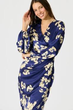 Sale Kalisha Midi Dress in Blue with White Floral Satin Dresses|Party