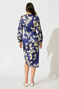 Sale Kalisha Midi Dress in Blue with White Floral Satin Dresses|Party