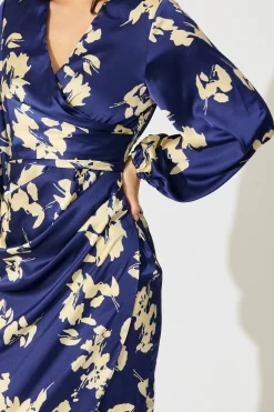 Sale Kalisha Midi Dress in Blue with White Floral Satin Dresses|Party