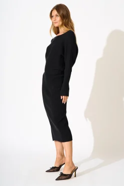 Clearance Kassia Off Shoulder Midi Knit Dress in Black Dresses|Knitwear