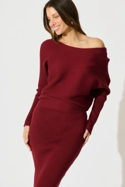Hot Kassia Off Shoulder Midi Knit Dress in Wine Dresses|Knitwear