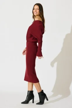 Hot Kassia Off Shoulder Midi Knit Dress in Wine Dresses|Knitwear