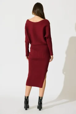 Hot Kassia Off Shoulder Midi Knit Dress in Wine Dresses|Knitwear