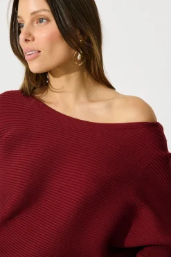 Hot Kassia Off Shoulder Midi Knit Dress in Wine Dresses|Knitwear
