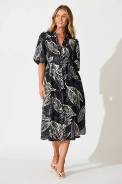 Fashion Katie Midi Dress in Black with Cream Leaf Dresses|Casual