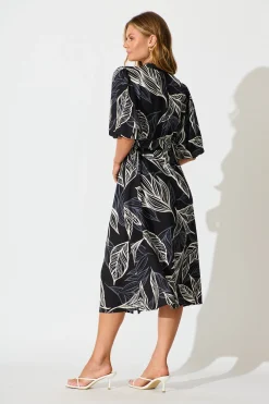 Fashion Katie Midi Dress in Black with Cream Leaf Dresses|Casual