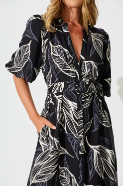Fashion Katie Midi Dress in Black with Cream Leaf Dresses|Casual
