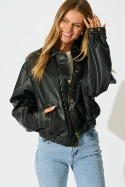 Online Kayla Bomber Jacket in Black Leatherette Outerwear|Outerwear