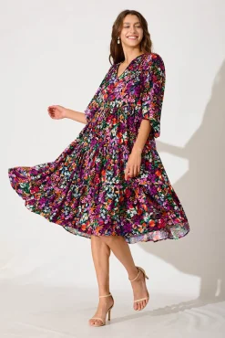 Discount Kehlana Tiered Smock Dress In Black Multi Floral Dresses|Casual