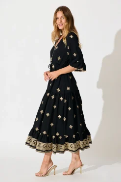 Outlet Kelsey Midi Dress in Black with Cream Embroidery Dresses|Casual