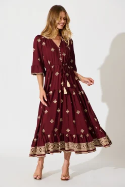 Hot Kelsey Midi Dress in Wine with Cream Embroidery Dresses|Casual