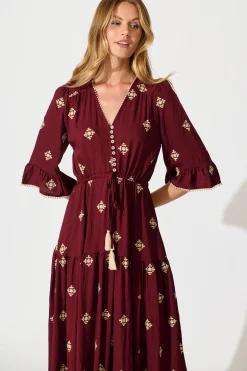 Hot Kelsey Midi Dress in Wine with Cream Embroidery Dresses|Casual
